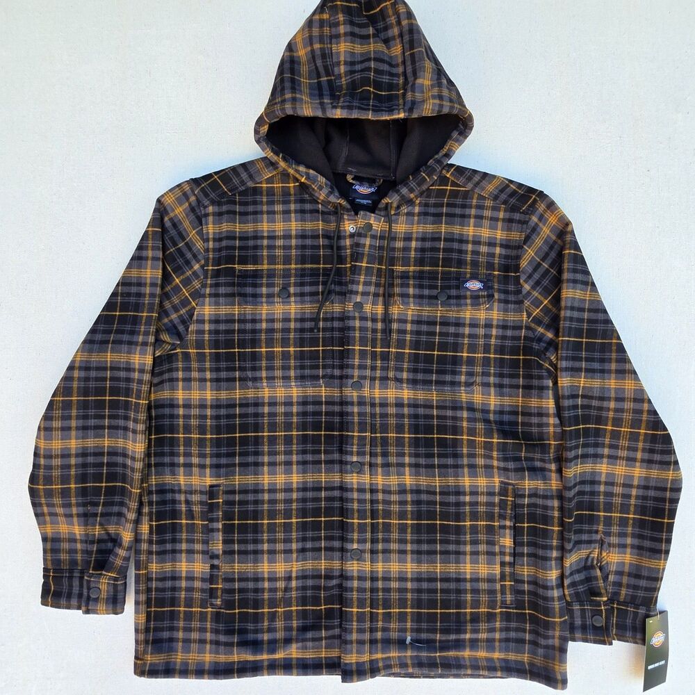 DICKIES Flannel COAT MENS LARGE SNAPS HOODED THICK GOOD QUALITY GREY BLK PLAID